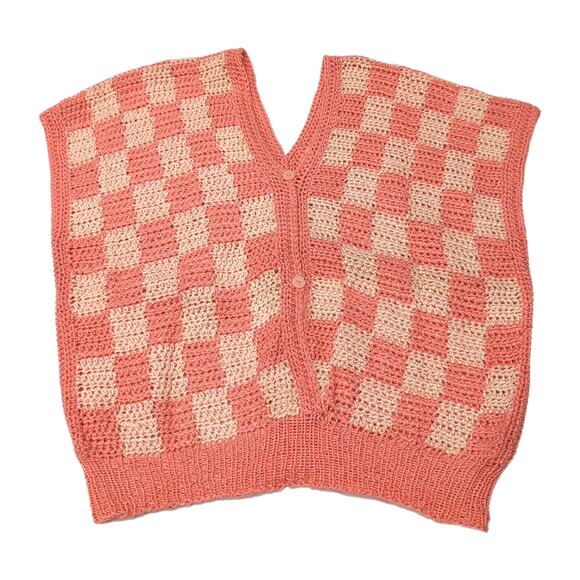 Hand Knit Handmade Pullover Sweater Vest Crop Top Size M Peach Checkerboard NEW - Picture 5 of 10